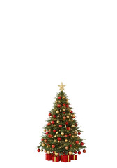 Fototapeta premium A classic christmas tree, beautifully adorned with red and gold ornaments, stands gracefully, with a radiant star on top and a collection of red and gold gifts beneath isolated on transparent backgrou