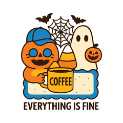 Halloween themed illustration with a pumpkin cat, ghost, coffee, and the text 