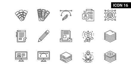 A collection of 16 thin line icons representing concepts in graphic design, digital art, and printing.