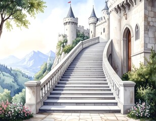 Whimsical castle staircase with mountain view