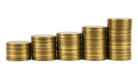 Isolated piles of golden coins in ascending order showing wealth and investments