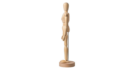 Isolated wooden mannequin standing in profile, artistic pose reference and design tool