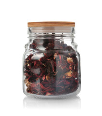 Glass jar with dried roselle sepals isolated on white
