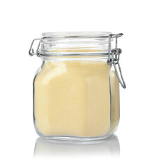 Glass jar with corn flour isolated on white