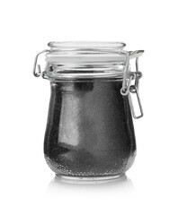 Glass jar with black sesame seeds isolated on white