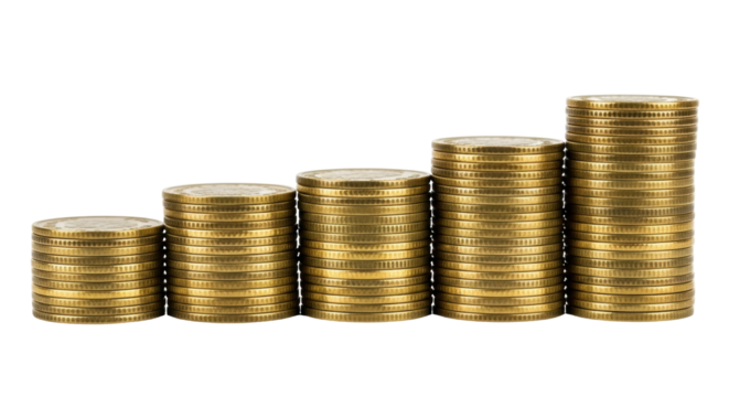 Isolated piles of golden coins in ascending order showing wealth and investments