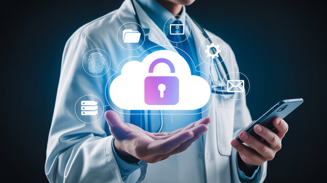 Doctor holding cloud security icon and smartphone - Powered by Adobe