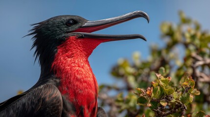 Naklejka premium Majestic frigate bird with vibrant red throat perched on bush against bright blue sky