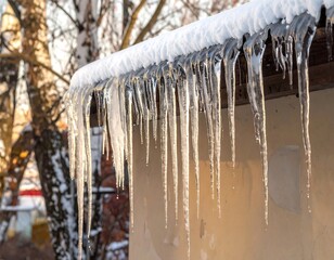 Icicles Hanging from Roof Edge in Winter.