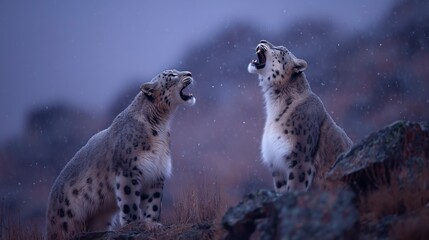Snow leopards roar in the wild mountains during a snowy twilight landscape creating a stunning natural scene