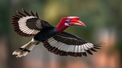 Majestic hornbill soaring through the sky, showcasing its vibrant colors and impressive wingspan at twilight