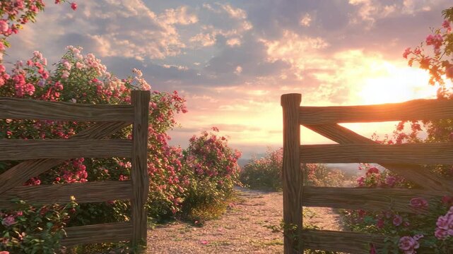 Ultra HD Open wooden gate leading to a beautiful garden with pink roses at sunrise, flower gate video