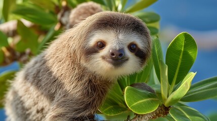 Sloth resting on a leafy branch in a vibrant tropical setting during the day