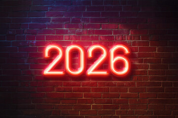 Glowing neon sign of "2026" on brick wall.