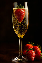 A glass of champagne with a strawberry on a dark background