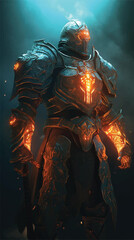 Powerful Warrior in Full Armor with Glowing Embers and a Dark Fantasy Backdrop Creation