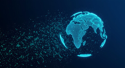 Blue digital earth disintegrating into particles globe