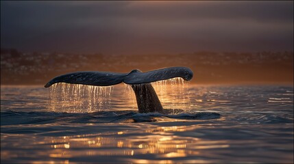 Majestic whale tail breaching the surface at sunset, creating a stunning water spray and glowing reflection