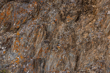Rugged rock texture with orange and grey lichen in Kyrgyzstan mountains