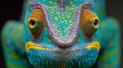 Colorful chameleon displays vibrant patterns while perched on a branch in a tropical environment during daylight