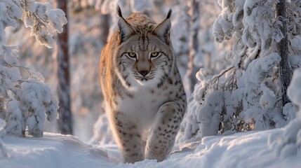 A majestic lynx gracefully strides through a serene snowy forest, illuminated by the gentle soft morning light