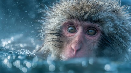 Monkey enjoying a warm soak in a hot spring surrounded by snowy landscape on a chilly winter day
