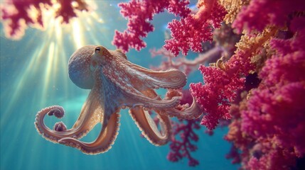 Colorful octopus swimming among vibrant coral reef in clear tropical waters during sunny day