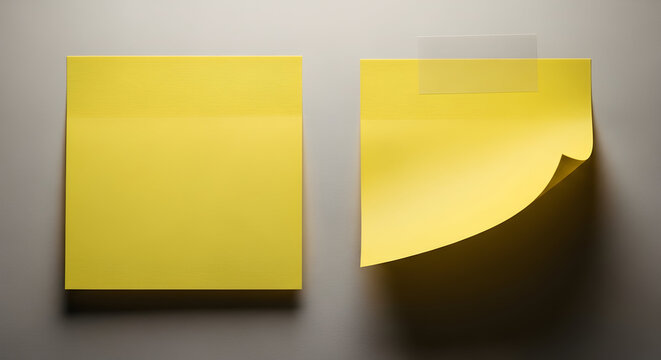 “Sticky Note Set: Bright Yellow Post-its with Curled Edges”