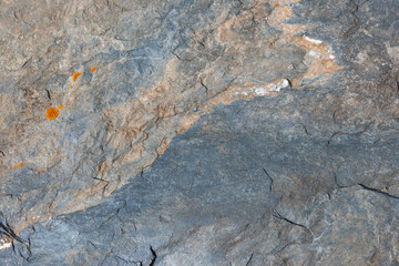 Rugged rock surface with colorful lichen in nature