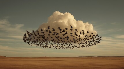 Birds flying in formation beneath a large cloud over a golden field during sunset