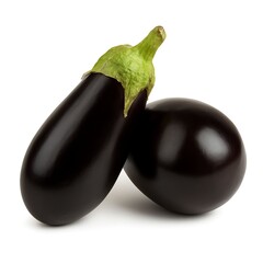Two Fresh Eggplants Isolated on White Background 300 DPI. Ideal for vegetarian food, healthy eating, cooking ingredients, and organic produce themes.