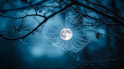 Moonlight shining through a spider web in a dark forest at night creating a mystical atmosphere