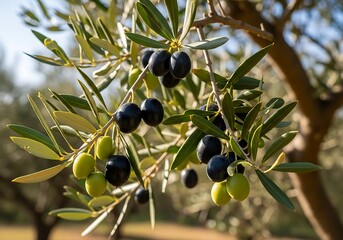 Close-up of an olive branch with ripe black and unripe green olives offering a view of nature's bounty and richness