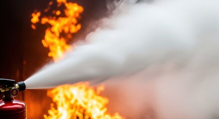 Red fire extinguisher discharging foam or powder to put out a fire. Fire safety equipment for emergency, prevention, and protection.