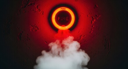Red fire alarm sign on a textured wall with smoke billowing below. Emergency warning and safety concept for fire detection system.