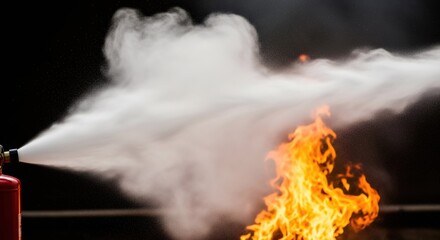 Fire extinguisher spraying foam to put out a burning fire. Safety demonstration for emergency preparedness. Firefighting equipment concept.