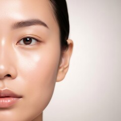 Face care concept. Half-face portrait of asian woman with perfect fresh foundation-skin. Beauty product, advertisement, cosmetology theme.