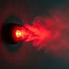 Security camera with red light emitting smoke. Surveillance system concept. Digital sensor for alarm, safety, and modern technology.