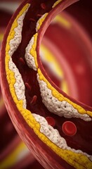 Human artery with atherosclerosis. Medical 3D rendering showing plaque buildup in blood vessel, blocking blood flow and circulation. Health issue.