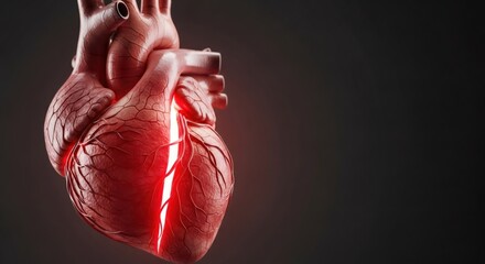 Human heart anatomy with glowing red area. Concept of cardiovascular disease, heart attack, medical diagnosis or critical health condition.