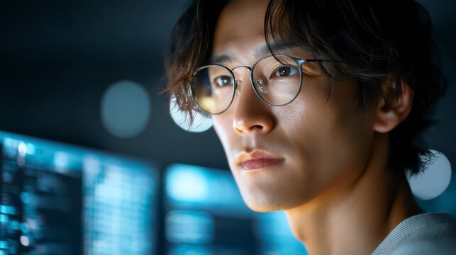 Focused Tech Expert: A sharp-eyed professional in glasses intensely analyzes code, illuminated by a cool-toned, blurred background, emphasizing the focus and expertise in technology. 
