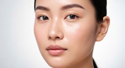 Woman with droplets on her face, concept of hydration, moist skin, and freshness for beauty and product advertising.