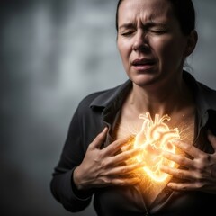 Woman showing pain in her glowing heart, representing heart attack or cardiovascular distress. Concept of health issue and medical concern.