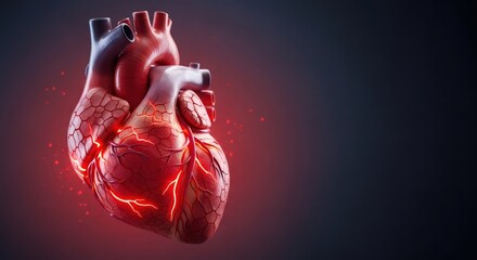 Human heart with glowing red veins on a dark background. Medical illustration of organ with biofeedback for health and cardiology concept.