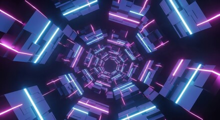Abstract geometric neon tunnel with blue and pink lights creating a futuristic and psychedelic visual experience