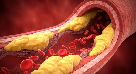 Artery with plaque buildup impeding blood flow. Medical illustration of atherosclerosis causing restricted circulation. Cardiovascular health concept.