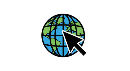 A stylized illustration of a cursor arrow pointing to a globe representing the internet or world wide web.