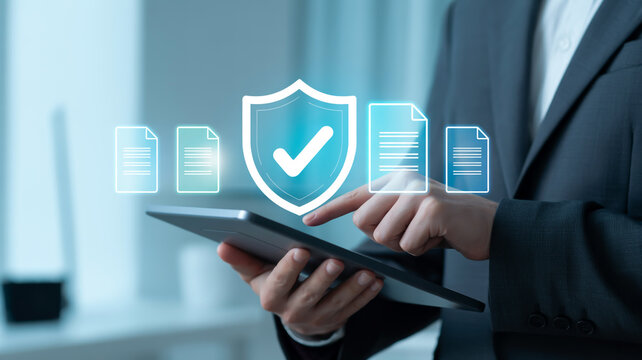 Businessperson using tablet with security and document icons
