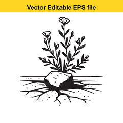 Vector art of a small plant growing from a rock in cracked dry earth
