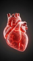 Glowing human heart with intricate red veins and arteries. Medical illustration representing cardiovascular system for health and science concept.